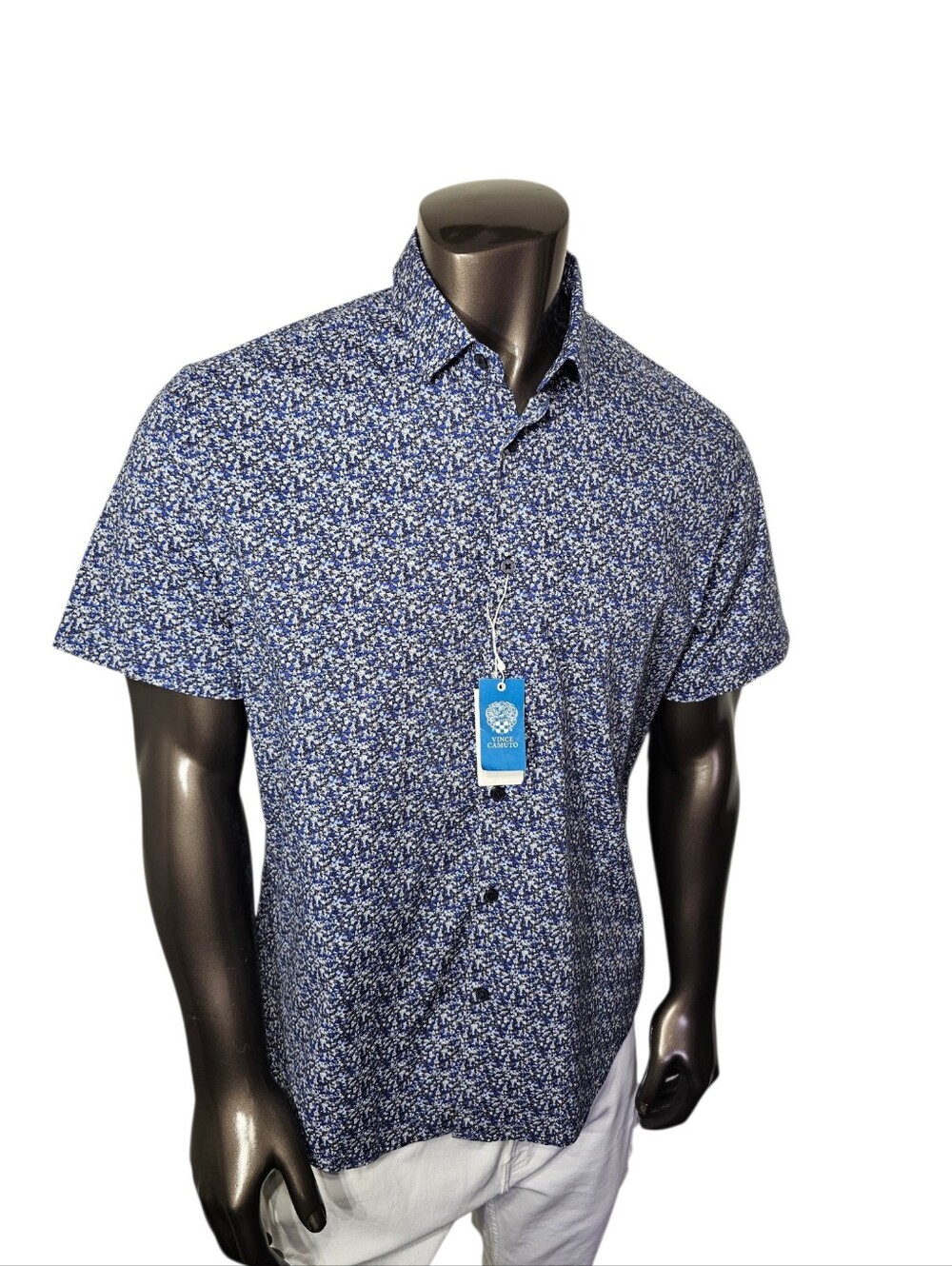 Vince Camuto Blue and White Floral Short-Sleeve Button-Down Shirt